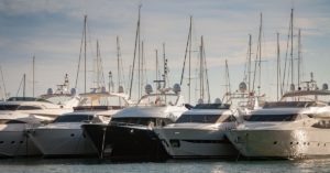 Yachts in the harbor. Yacht engine and transmission maintenance. 