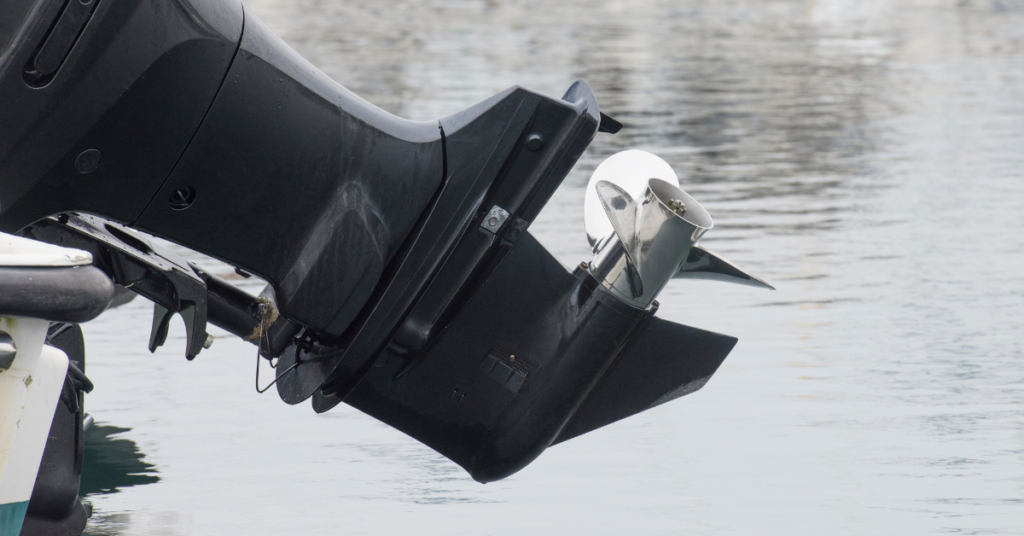 Close-up photo of a black boat engine