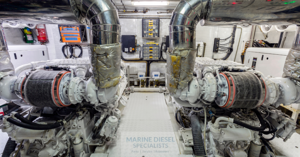 Two MTU marine diesel engines in a yacht's engine room